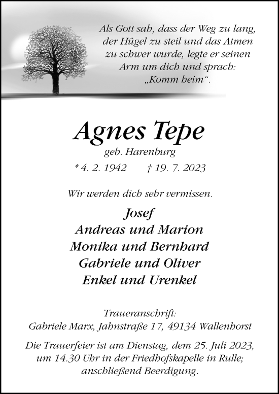 Traueranzeige von Agnes Tepe von Neue Osnabrücker Zeitung GmbH & Co. KG