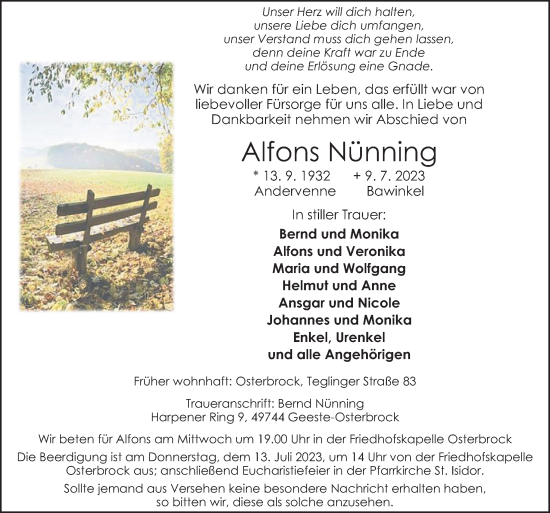 Traueranzeige von Alfons Nünning von Neue Osnabrücker Zeitung GmbH & Co. KG