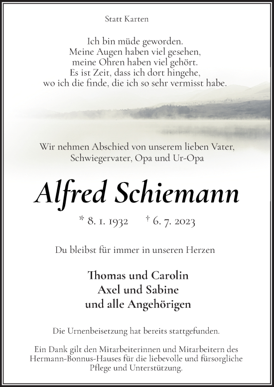 Traueranzeige von Alfred Schiemann von Neue Osnabrücker Zeitung GmbH & Co. KG