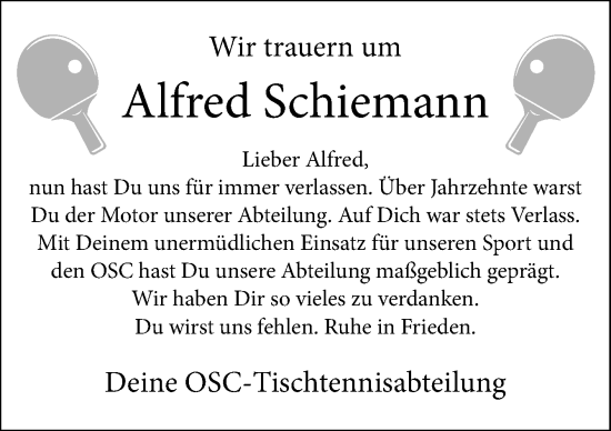 Traueranzeige von Alfred Schiemann von Neue Osnabrücker Zeitung GmbH & Co. KG