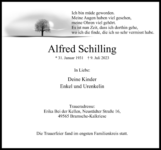 Traueranzeige von Alfred Schilling von Neue Osnabrücker Zeitung GmbH & Co. KG