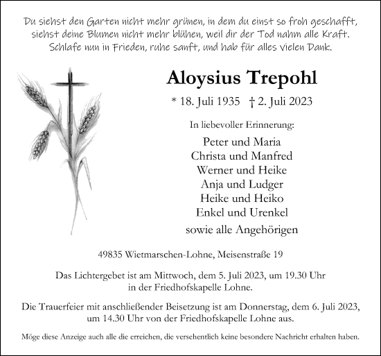 Traueranzeige von Aloysius Trepohl von Neue Osnabrücker Zeitung GmbH & Co. KG