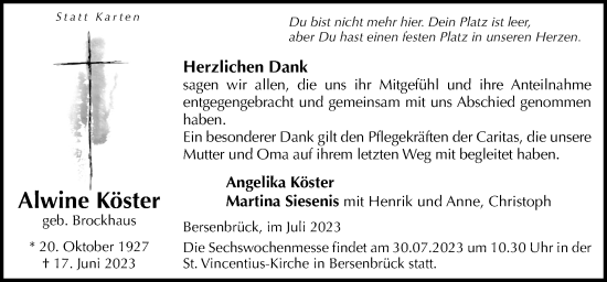 Traueranzeige von Alwine Köster von Neue Osnabrücker Zeitung GmbH & Co. KG