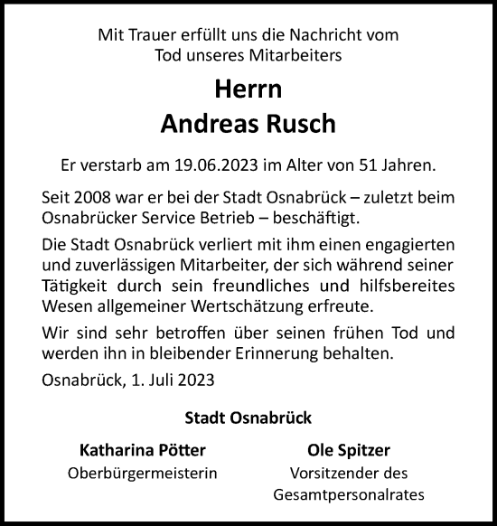 Traueranzeige von Andreas Rusch von Neue Osnabrücker Zeitung GmbH & Co. KG