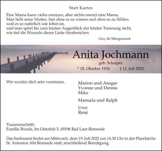 Traueranzeige von Anita Jochmann von Neue Osnabrücker Zeitung GmbH & Co. KG