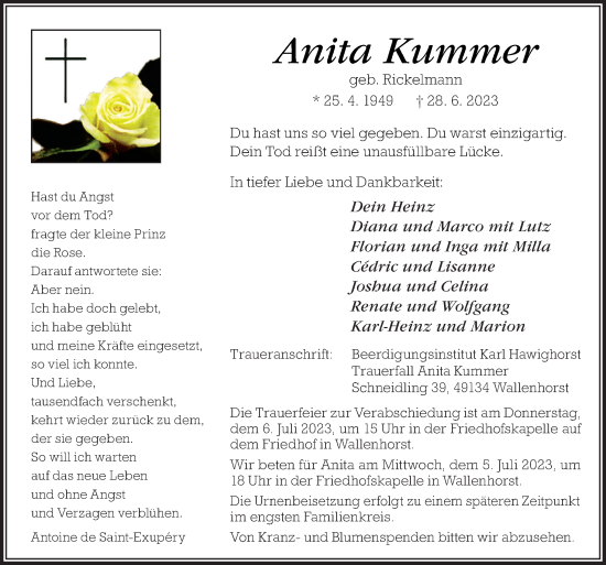 Traueranzeige von Anita Kummer von Neue Osnabrücker Zeitung GmbH & Co. KG