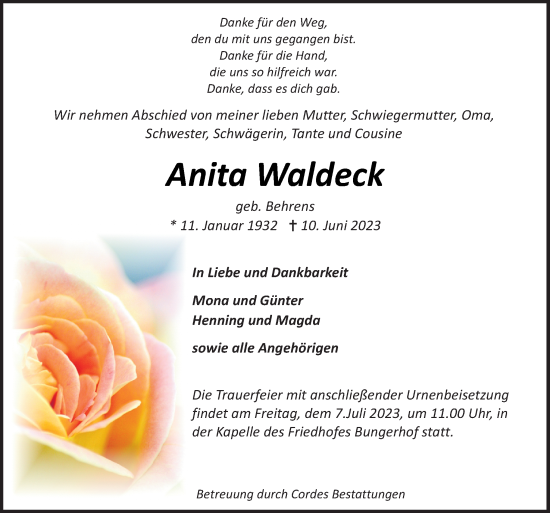 Traueranzeige von Anita Waldeck von DK Medien GmbH & Co. KG