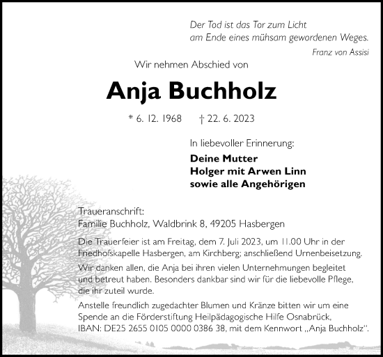 Traueranzeige von Anja Buchholz von Neue Osnabrücker Zeitung GmbH & Co. KG