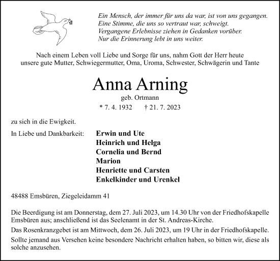 Traueranzeige von Anna Arning von Neue Osnabrücker Zeitung GmbH & Co. KG