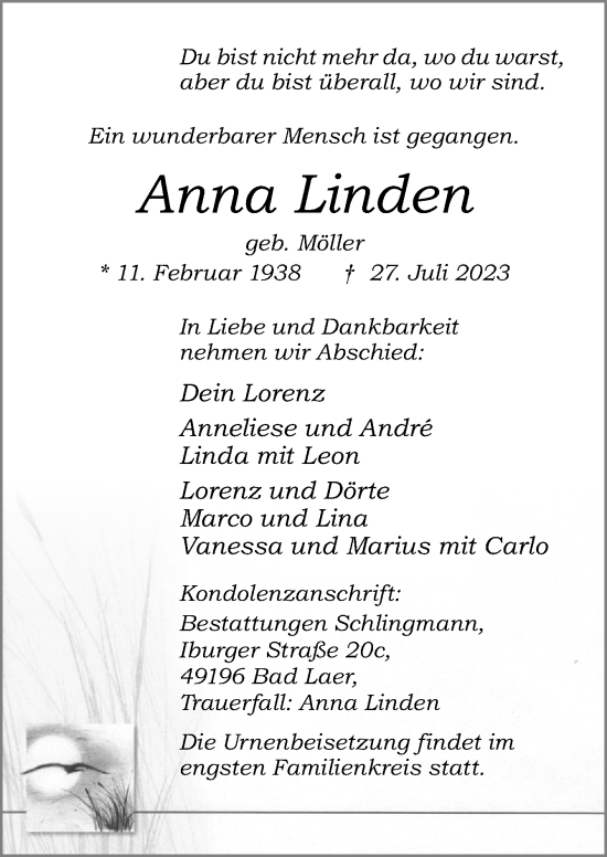 Traueranzeige von Anna Linden von Neue Osnabrücker Zeitung GmbH & Co. KG