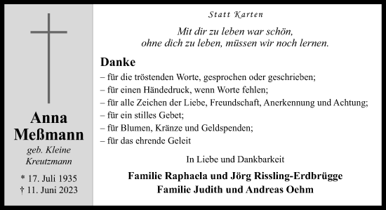 Traueranzeige von Anna Meßmann von Neue Osnabrücker Zeitung GmbH & Co. KG