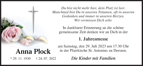 Traueranzeige von Anna Plock von Neue Osnabrücker Zeitung GmbH & Co. KG