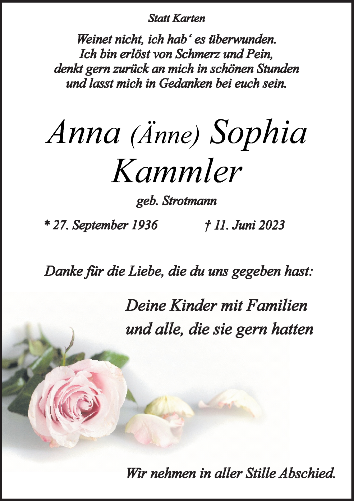  Traueranzeige für Anna Sophia Kammler vom 01.07.2023 aus Neue Osnabrücker Zeitung GmbH & Co. KG