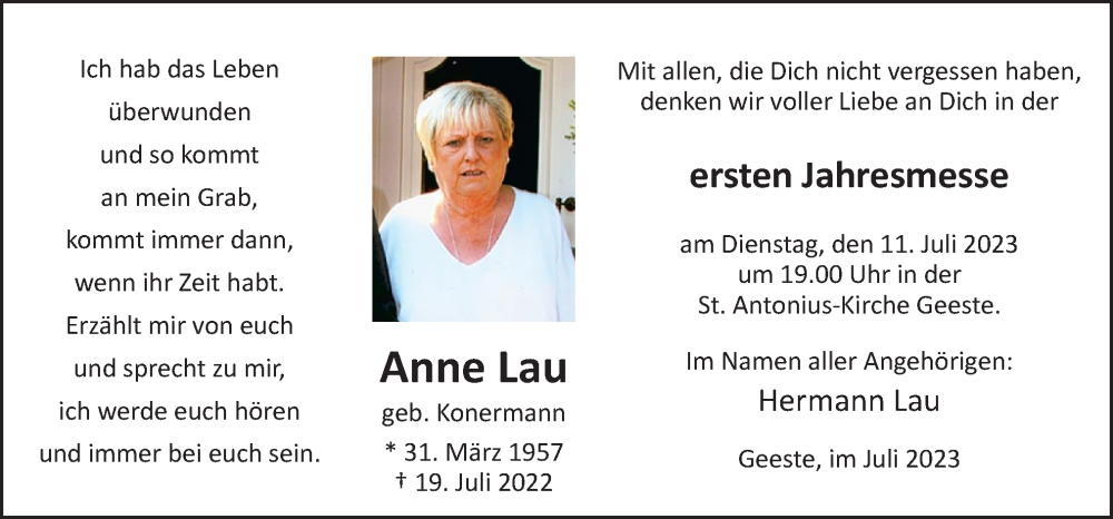  Traueranzeige für Anne Lau vom 07.07.2023 aus Neue Osnabrücker Zeitung GmbH & Co. KG