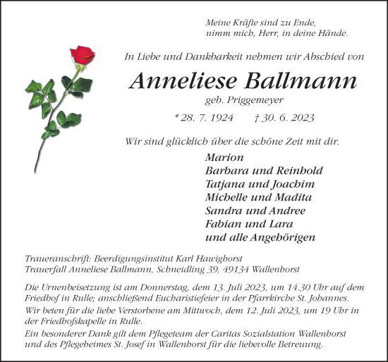 Traueranzeige von Anneliese Ballmann von Neue Osnabrücker Zeitung GmbH & Co. KG