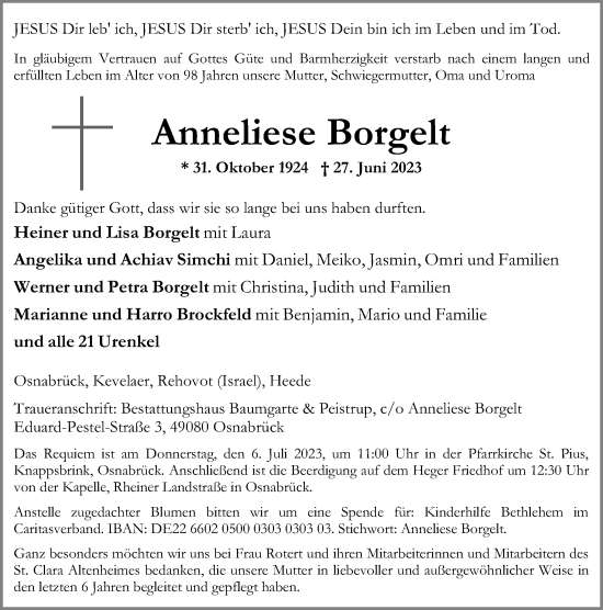 Traueranzeige von Anneliese Borgelt von Neue Osnabrücker Zeitung GmbH & Co. KG