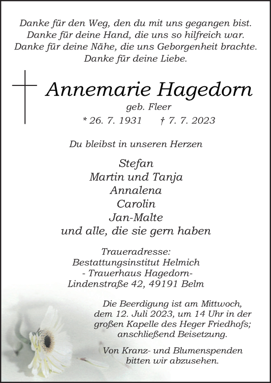 Traueranzeige von Annemarie Hagedorn von Neue Osnabrücker Zeitung GmbH & Co. KG