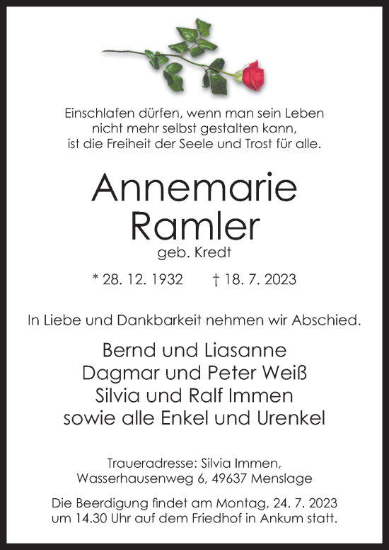 Traueranzeige von Annemarie Ramler von Neue Osnabrücker Zeitung GmbH & Co. KG