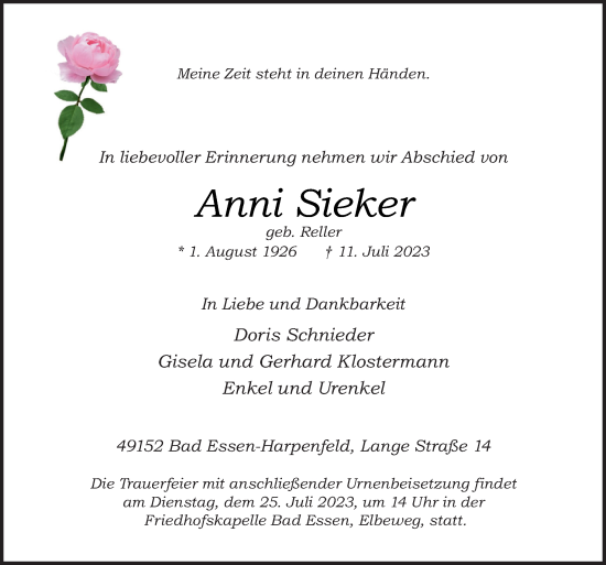 Traueranzeige von Anni Sieker von Neue Osnabrücker Zeitung GmbH & Co. KG
