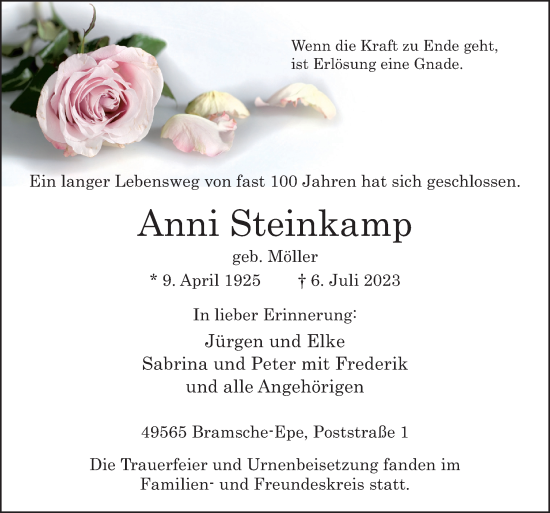 Traueranzeige von Anni Steinkamp von Neue Osnabrücker Zeitung GmbH & Co. KG