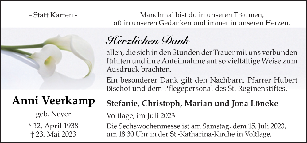  Traueranzeige für Anni Veerkamp vom 11.07.2023 aus Neue Osnabrücker Zeitung GmbH & Co. KG