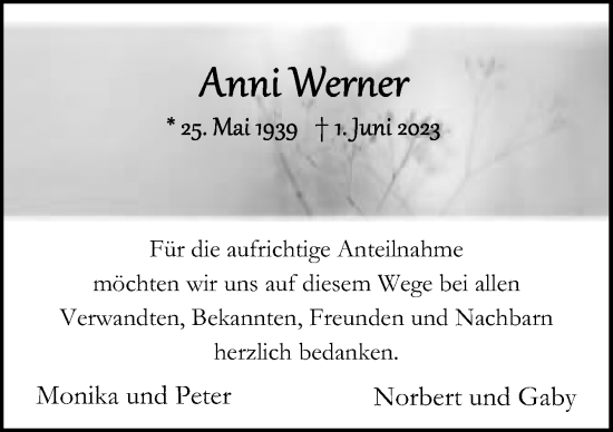 Traueranzeige von Anni Werner von Neue Osnabrücker Zeitung GmbH & Co. KG