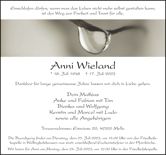 Traueranzeige von Anni Wieland von Neue Osnabrücker Zeitung GmbH & Co. KG
