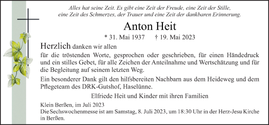 Traueranzeige von Anton Heit von Neue Osnabrücker Zeitung GmbH & Co. KG