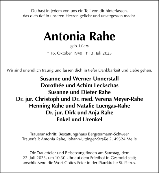 Traueranzeige von Antonia Rahe von Neue Osnabrücker Zeitung GmbH & Co. KG