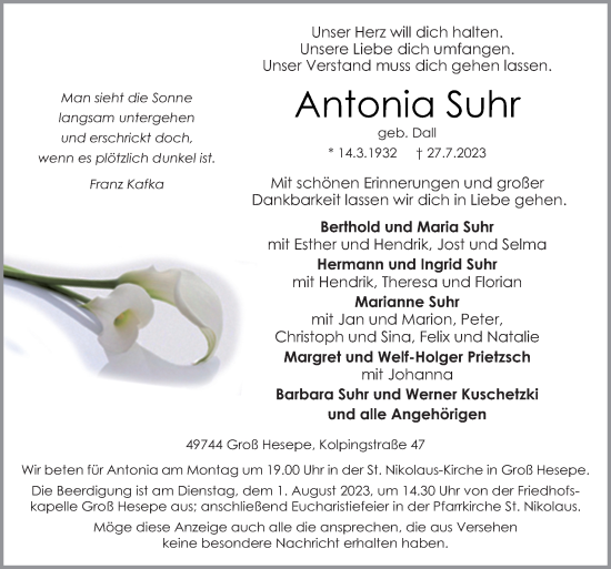 Traueranzeige von Antonia Suhr von Neue Osnabrücker Zeitung GmbH & Co. KG