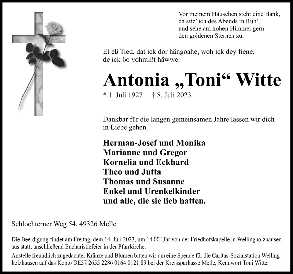 Traueranzeigen Von Antonia Witte Noz Trauerportal