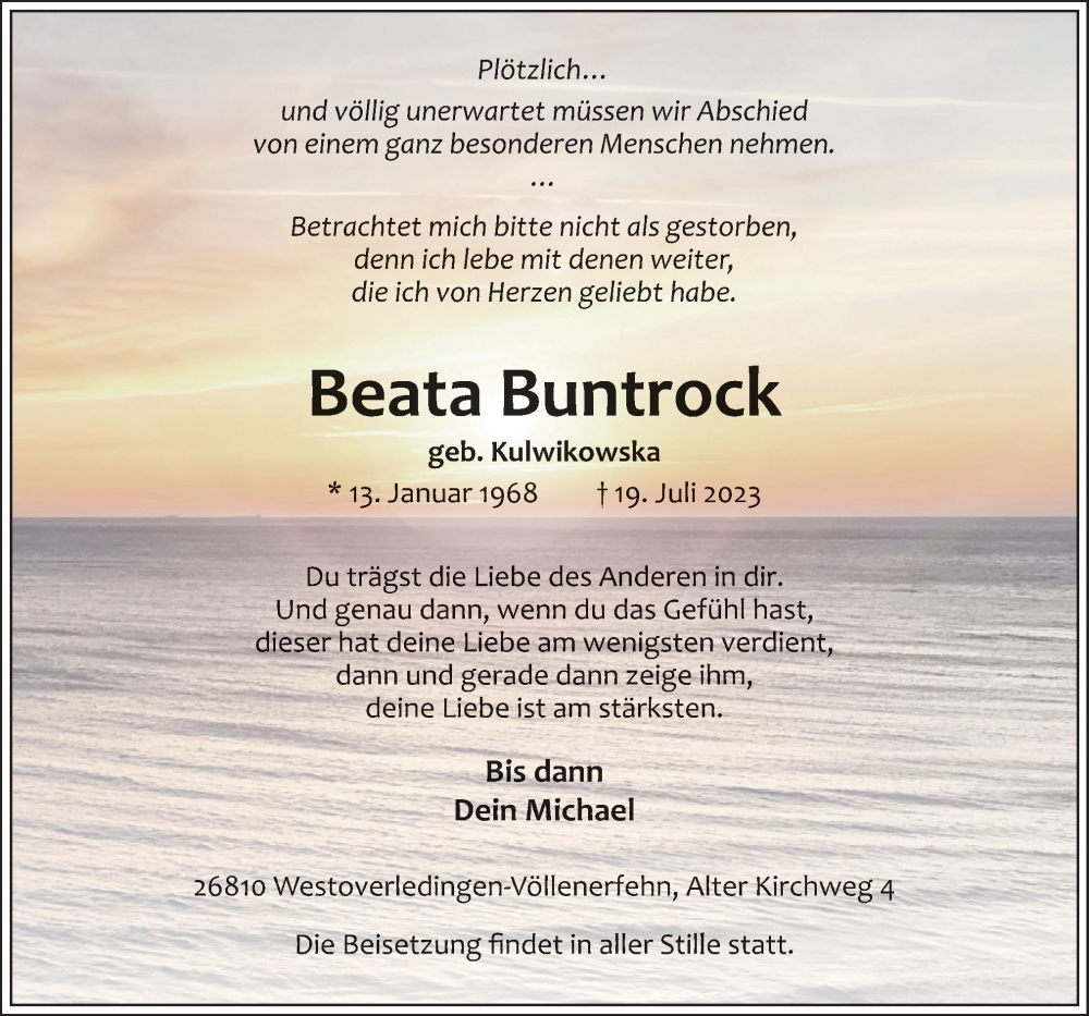  Traueranzeige für Beata Buntrock vom 24.07.2023 aus Neue Osnabrücker Zeitung GmbH & Co. KG