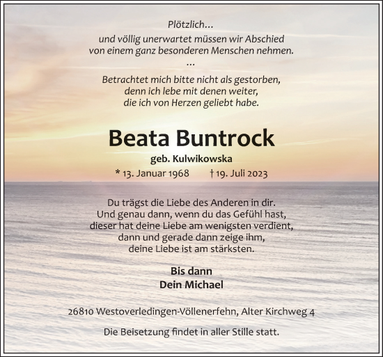 Traueranzeige von Beata Buntrock von Neue Osnabrücker Zeitung GmbH & Co. KG