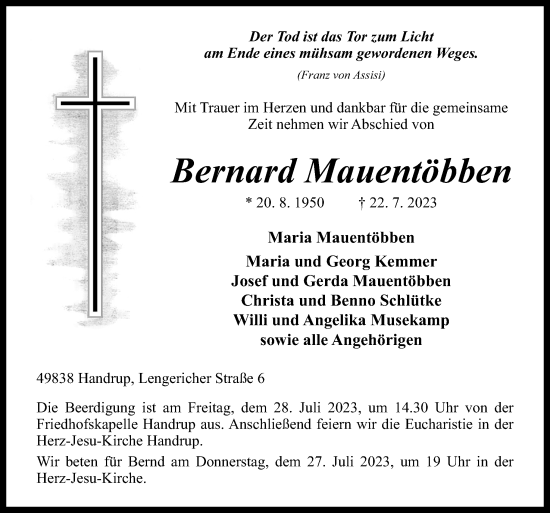 Traueranzeige von Bernard Mauentöbben von Neue Osnabrücker Zeitung GmbH & Co. KG