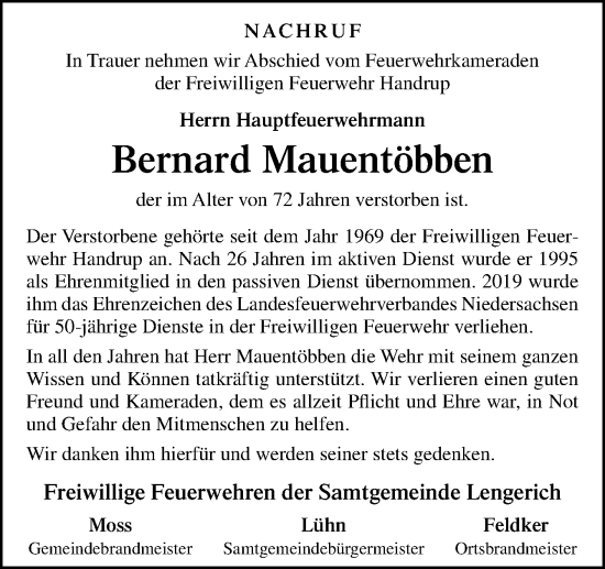 Traueranzeige von Bernard Mauentöbben von Neue Osnabrücker Zeitung GmbH & Co. KG