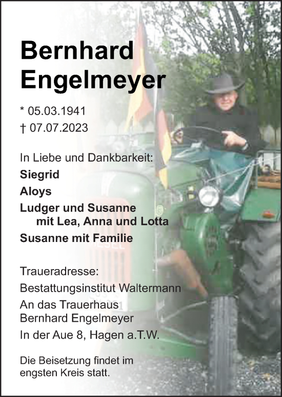 Traueranzeige von Bernhard Engelmeyer von Neue Osnabrücker Zeitung GmbH & Co. KG