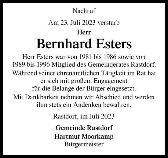 Traueranzeige von Bernhard Esters von Neue Osnabrücker Zeitung GmbH & Co. KG