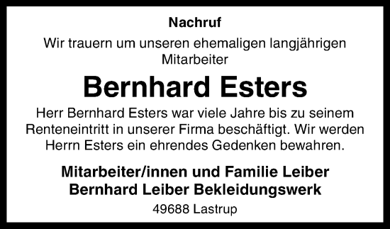Traueranzeige von Bernhard Esters von Neue Osnabrücker Zeitung GmbH & Co. KG