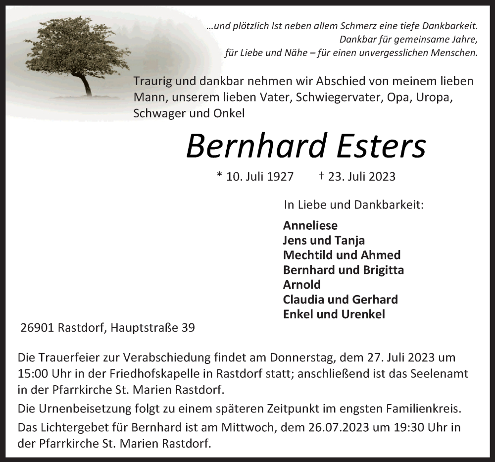  Traueranzeige für Bernhard Esters vom 25.07.2023 aus Neue Osnabrücker Zeitung GmbH & Co. KG