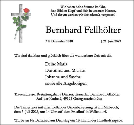 Traueranzeige von Bernhard Fellhölter von Neue Osnabrücker Zeitung GmbH & Co. KG