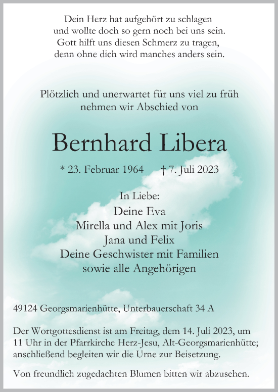 Traueranzeige von Bernhard Libera von Neue Osnabrücker Zeitung GmbH & Co. KG
