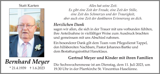 Traueranzeige von Bernhard Meyer von Neue Osnabrücker Zeitung GmbH & Co. KG