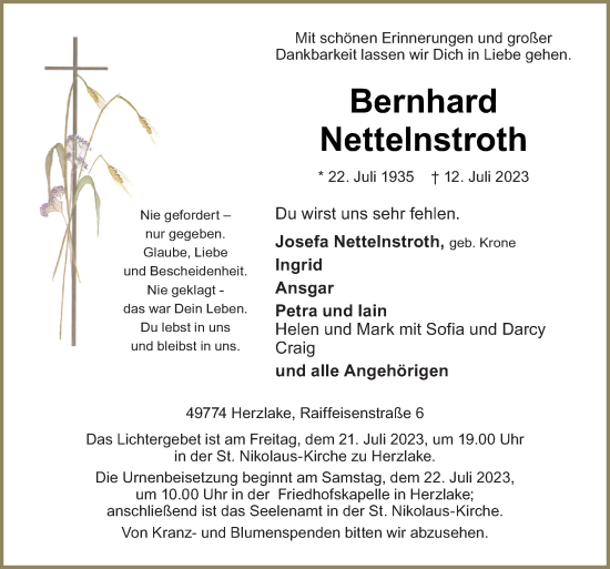 Traueranzeige von Bernhard Nettelnstroth von Neue Osnabrücker Zeitung GmbH & Co. KG