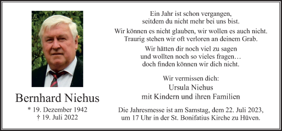 Traueranzeige von Bernhard Niehus von Neue Osnabrücker Zeitung GmbH & Co. KG