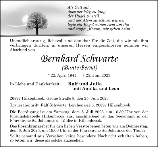 Traueranzeige von Bernhard Schwarte von Neue Osnabrücker Zeitung GmbH & Co. KG