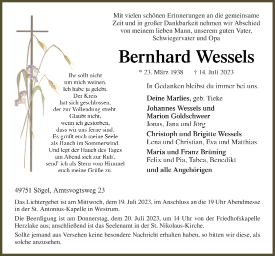 Traueranzeige von Bernhard Wessels von Neue Osnabrücker Zeitung GmbH & Co. KG