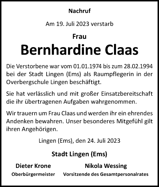 Traueranzeige von Bernhardine Claas von Neue Osnabrücker Zeitung GmbH & Co. KG