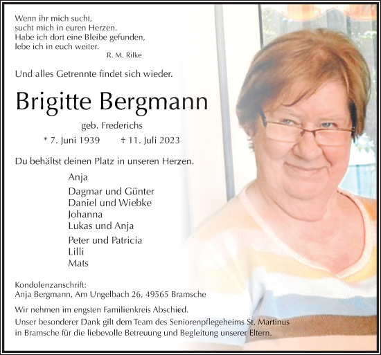 Traueranzeige von Brigitte Bergmann von Neue Osnabrücker Zeitung GmbH & Co. KG
