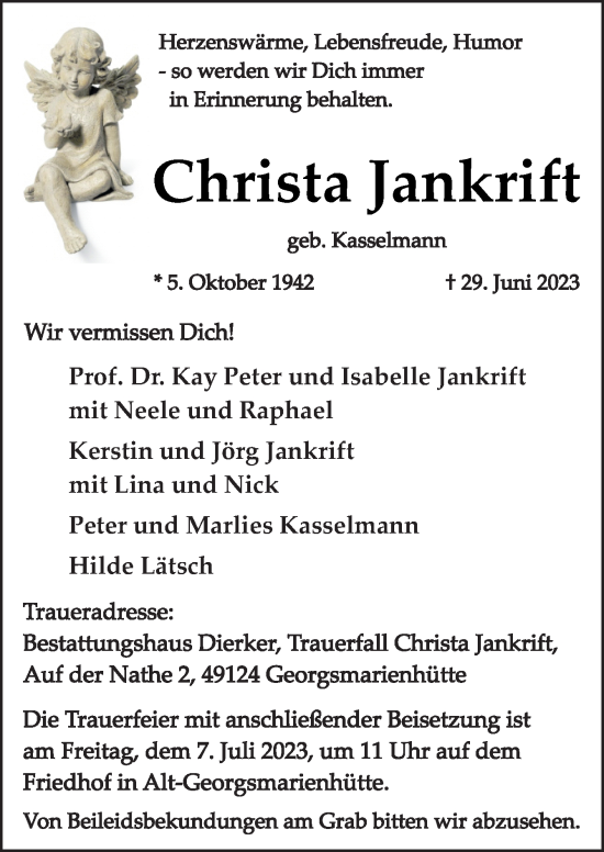 Traueranzeige von Christa Jankrift von Neue Osnabrücker Zeitung GmbH & Co. KG