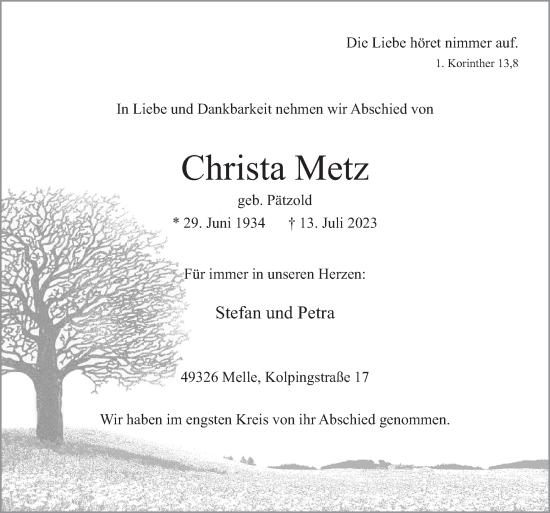 Traueranzeige von Christa Metz von Neue Osnabrücker Zeitung GmbH & Co. KG
